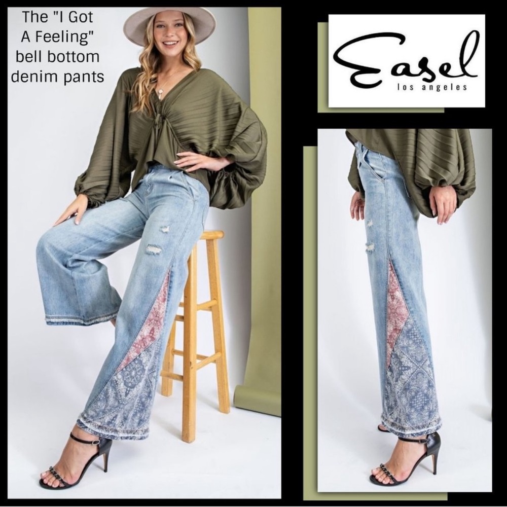 EASEL "I Got A Feeling" Bell Bottom Denim Pant W/Contrast Patchwork At The Sides